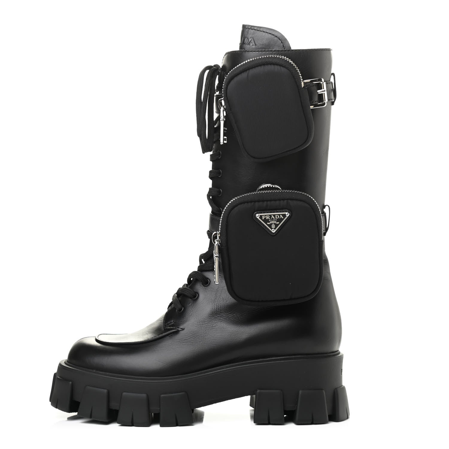 Prada Vitello Lux Nylon Metal Triangle Logo Monolith Pouch Pocket 55mm Tall Combat Boots 39.5 Black 1 of 12