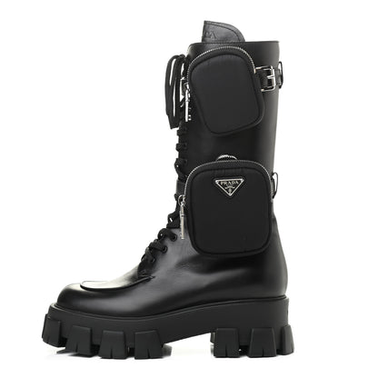 Prada Vitello Lux Nylon Metal Triangle Logo Monolith Pouch Pocket 55mm Tall Combat Boots 39.5 Black 1 of 12