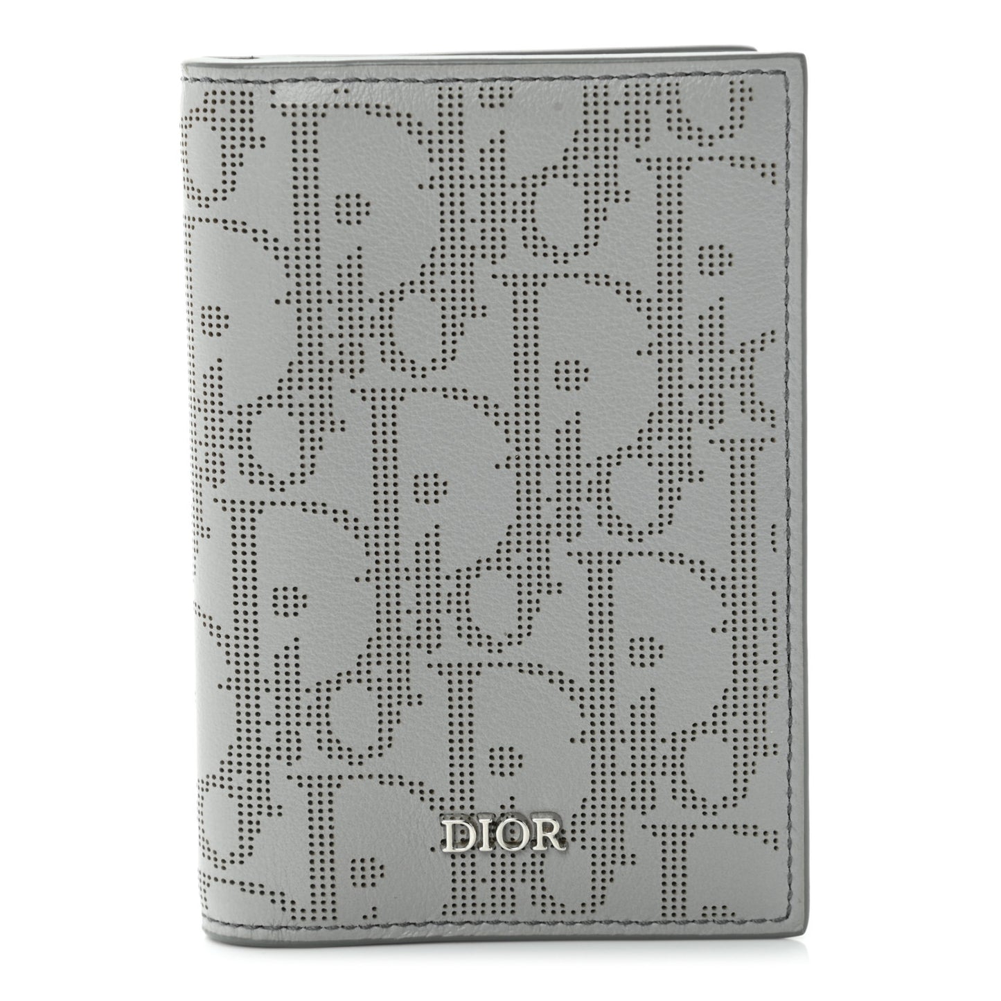 Calfskin Perforated Oblique Bi-Fold Card Holder Grey