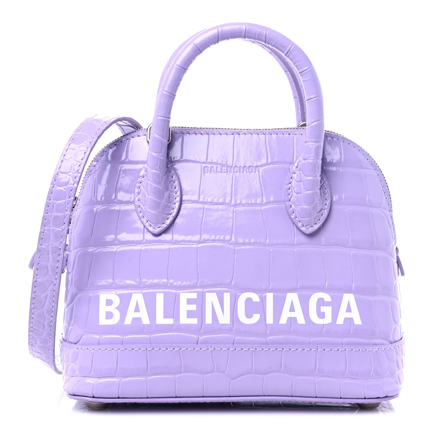 Shiny Calfskin Logo Crocodile Embossed XXS Ville Top Handle Bag Lilac White