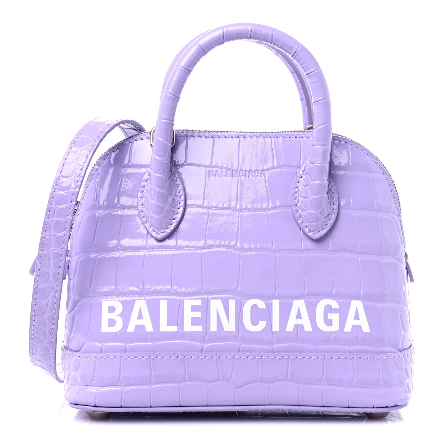 Balenciaga Shiny Calfskin Logo Crocodile Embossed XXS Ville Top Handle Bag Lilac White 1 of 9