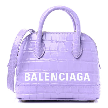 Balenciaga Shiny Calfskin Logo Crocodile Embossed XXS Ville Top Handle Bag Lilac White 1 of 9