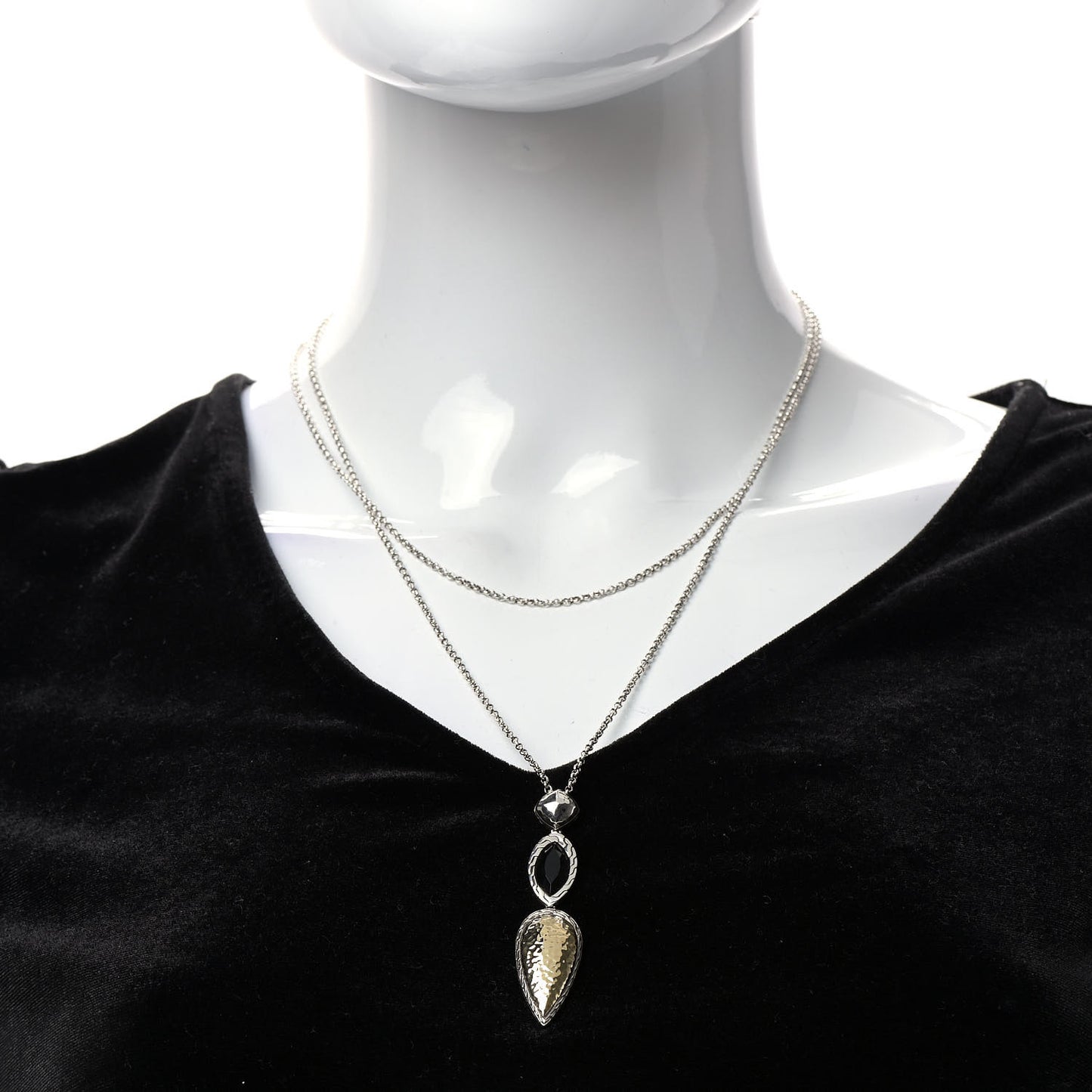 Sterling Silver 18K Yellow Gold Onyx Classic Chain Drop Pendant Necklace