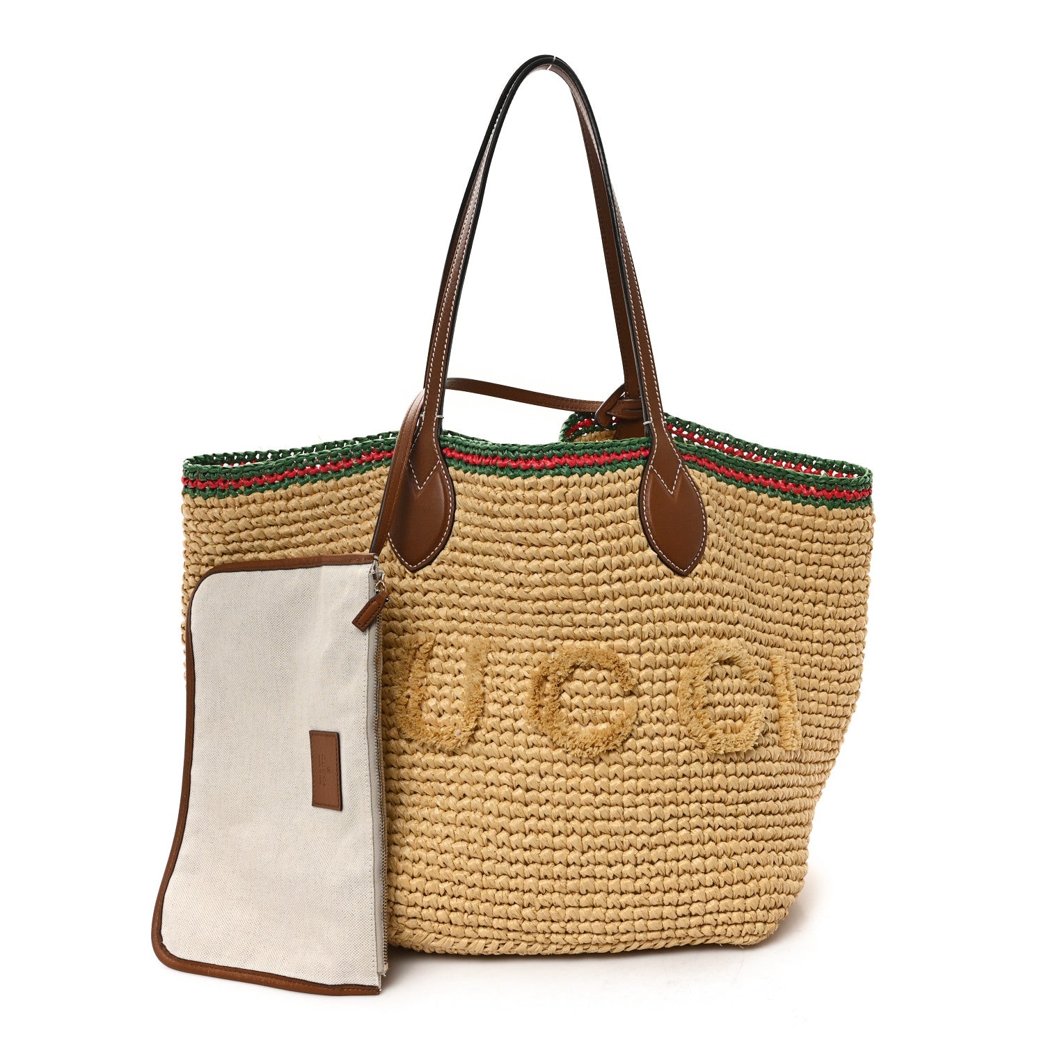 Gucci Raffia Woven Web Logo Medium Tote Bag Natural Brown 3 of 13