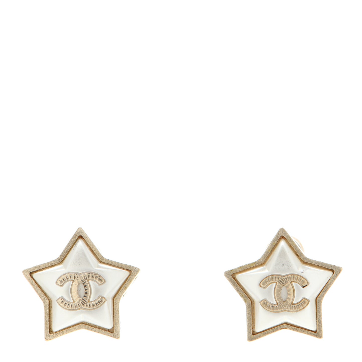 Resin Metal CC Star Earrings Gold Pearly White
