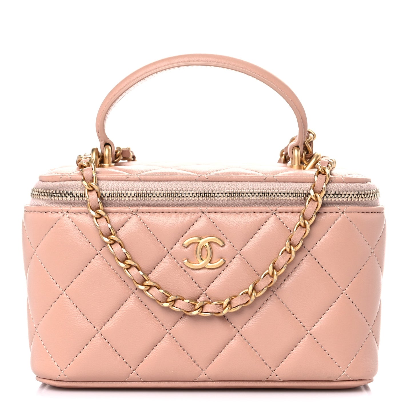 Lambskin Quilted Small Top Handle Vanity Case With Chain Beige