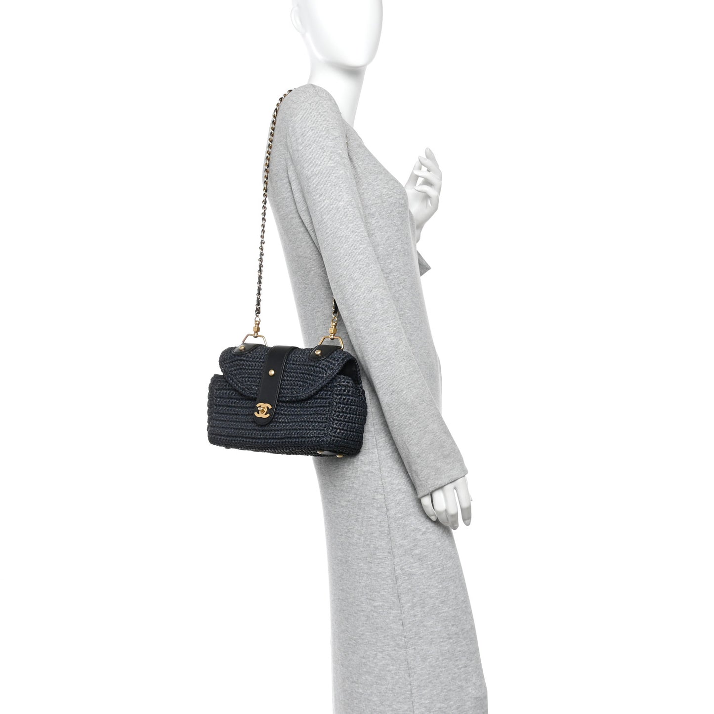 Straw Raffia Shoulder Bag Navy Blue