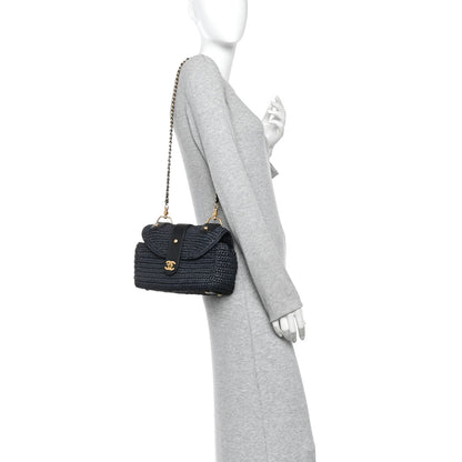 Chanel Straw Raffia Shoulder Bag Navy Blue 2 of 13