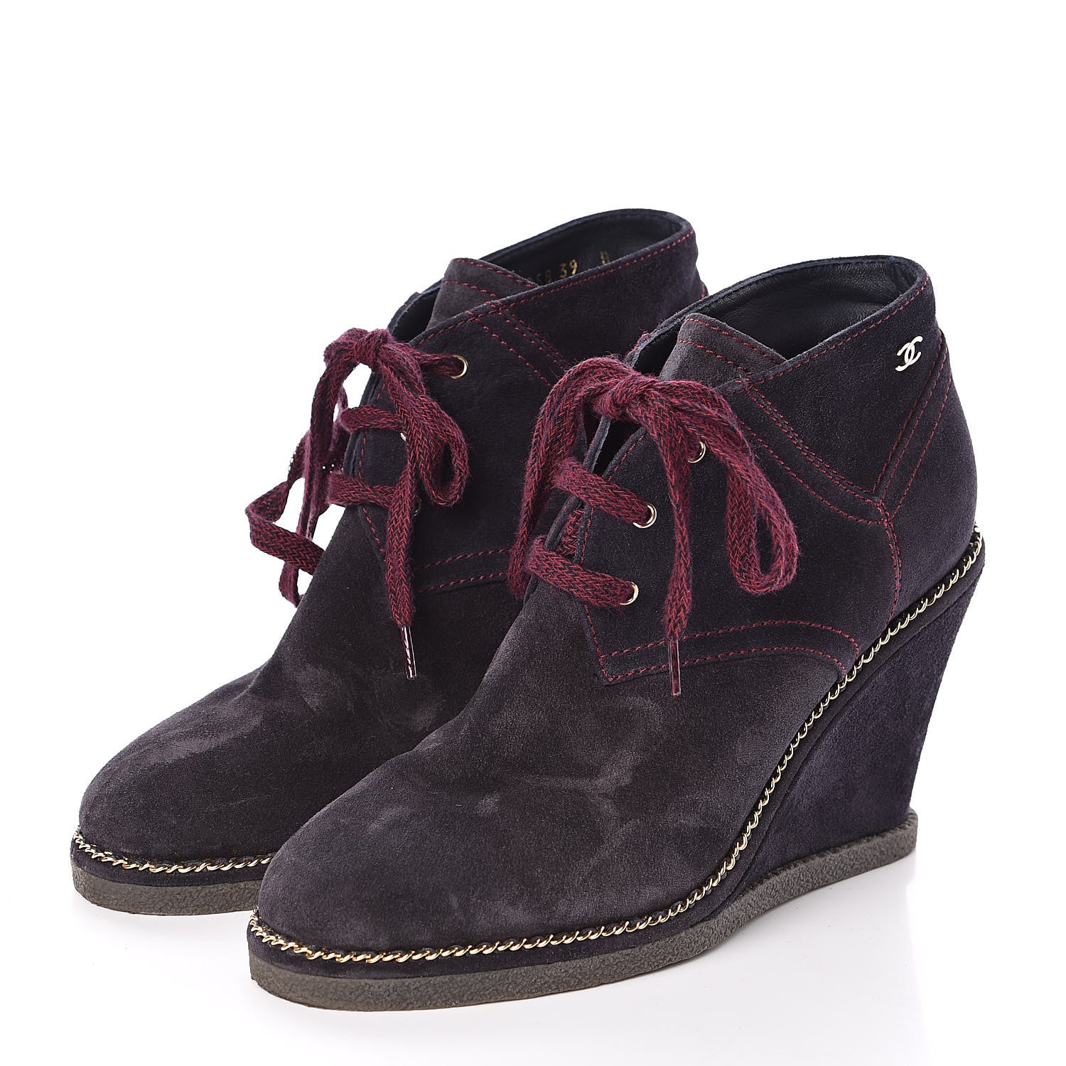 Chanel Suede Lace Up Wedge Booties 39 Navy 3 of 8