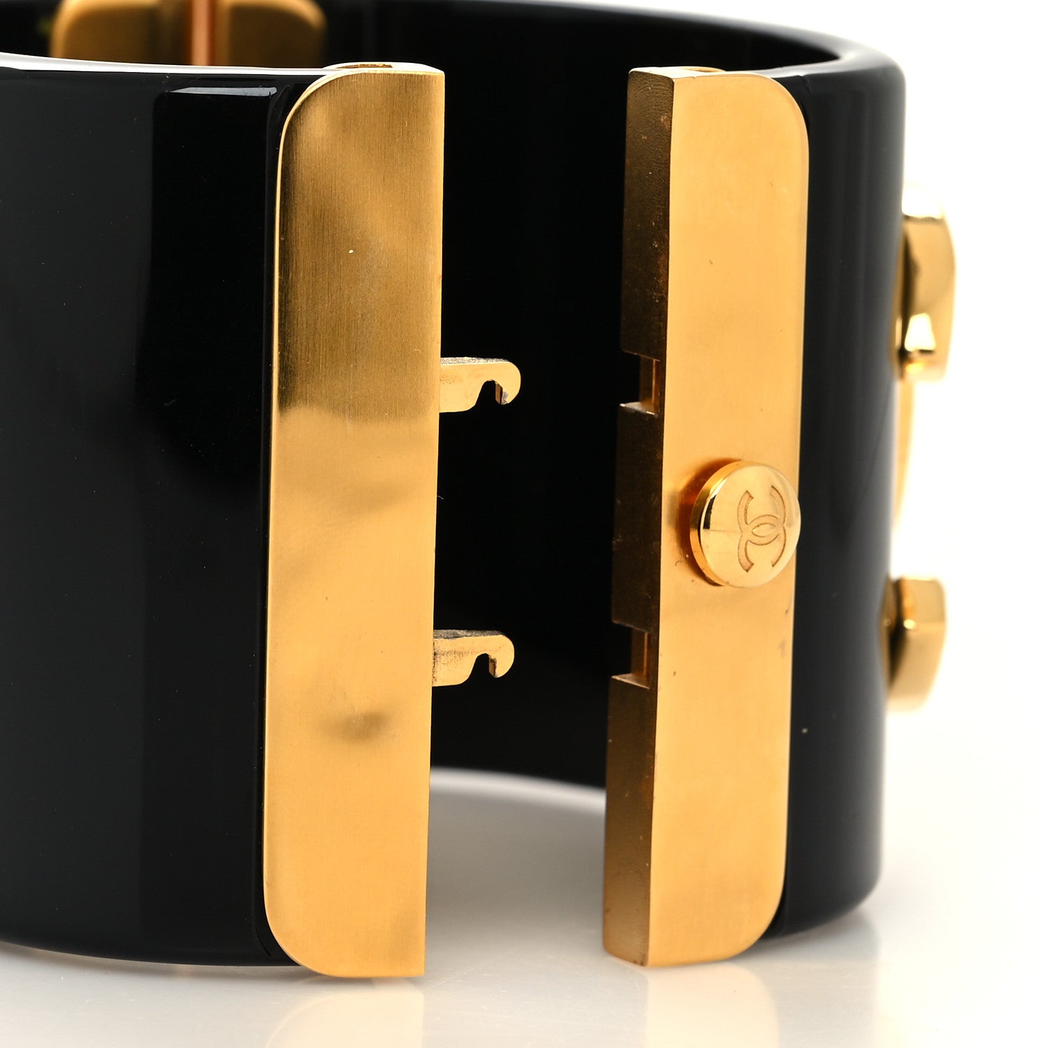Chanel Resin CC Paris Button Cuff Bracelet Black Gold 4 of 5