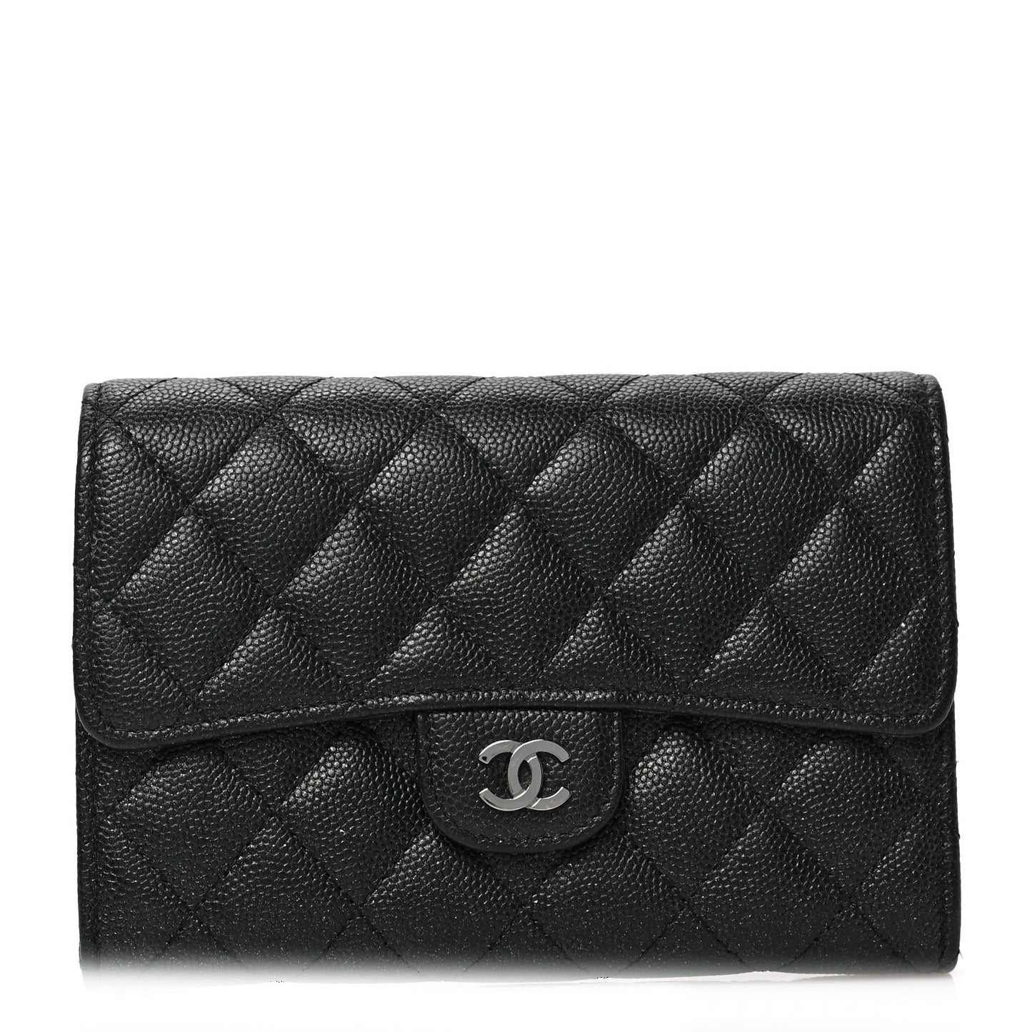 Iridescent Caviar Quilted Large Gusset Flap Wallet Black