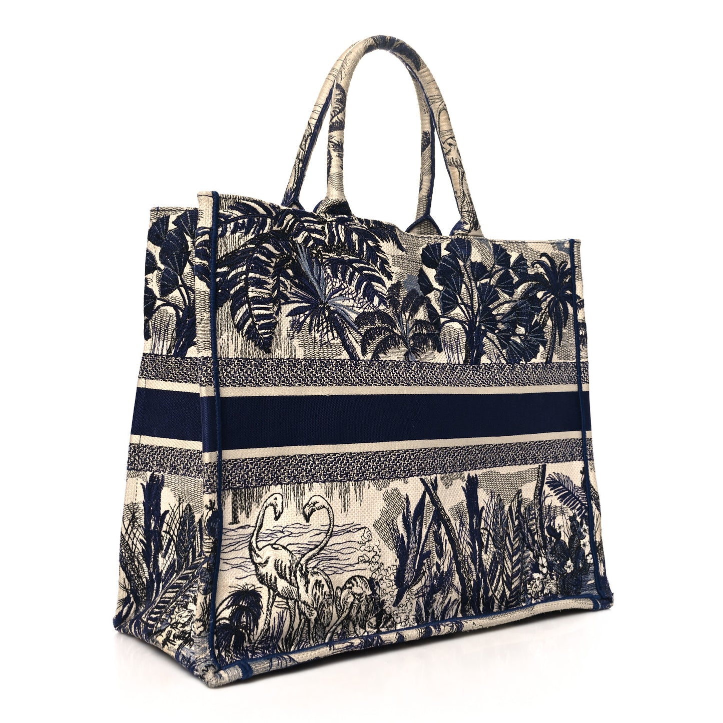 Canvas Embroidered Large Palm Tree Toile De Jouy Book Tote Blue