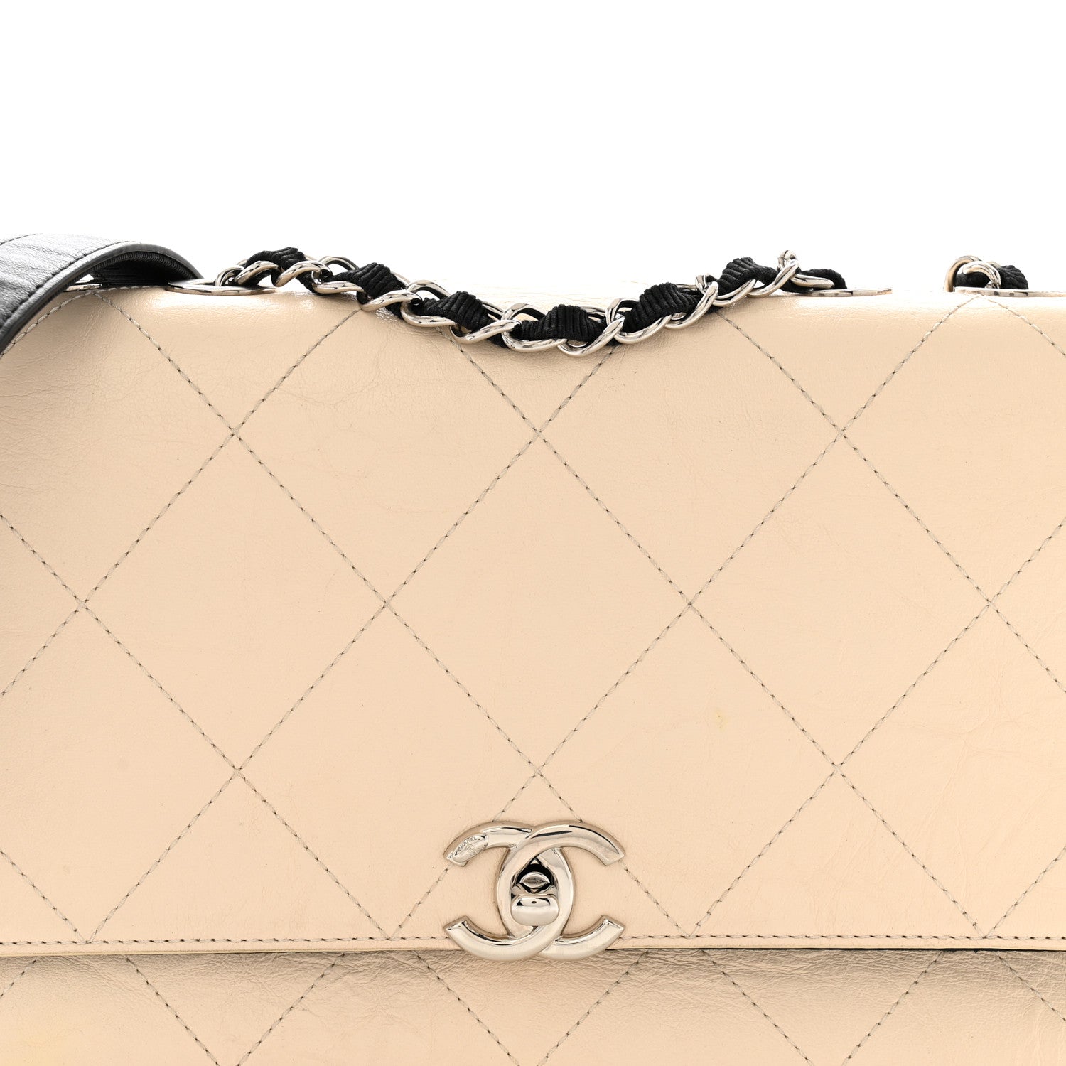 Chanel Aged Calfskin Grosgrain Quilted Chain CC Flap Ivory Black 8 of 13