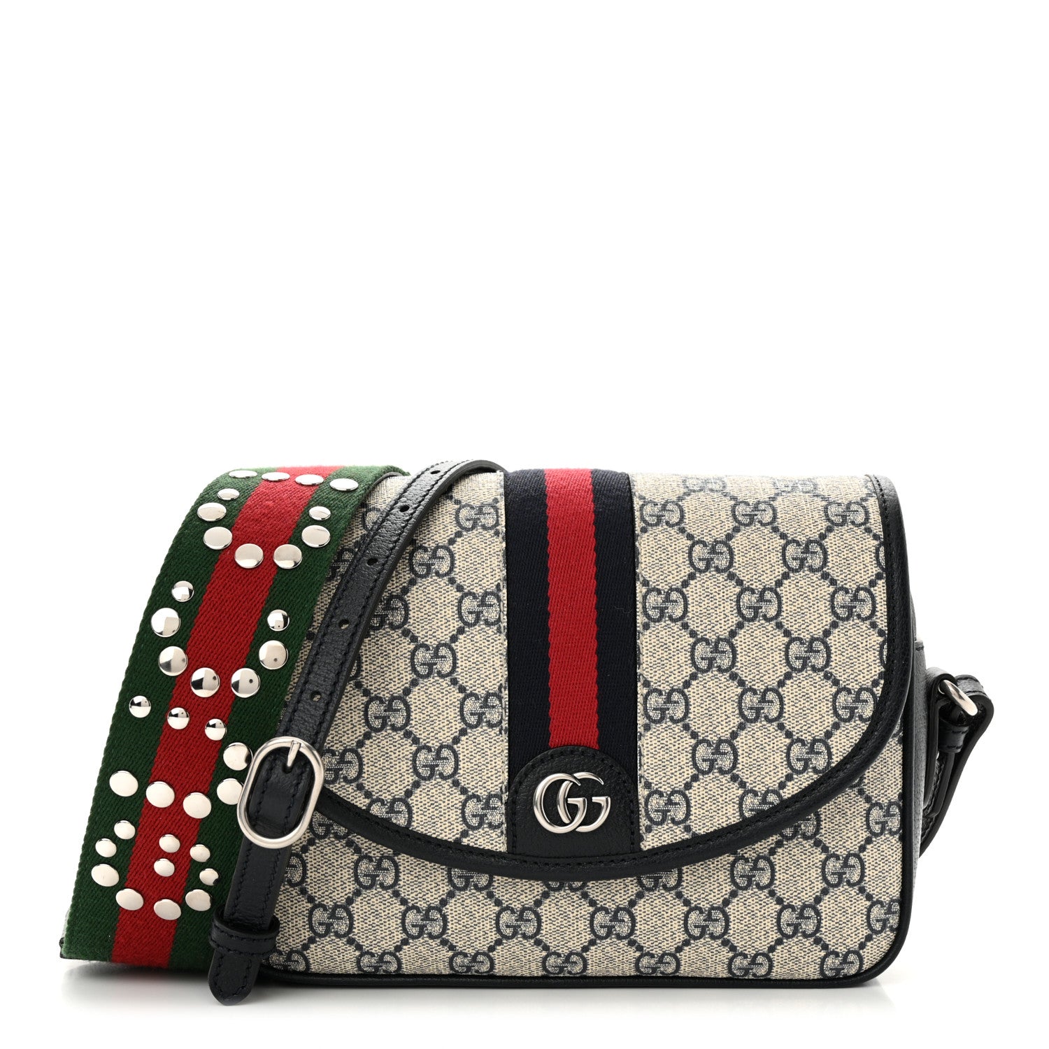 Gucci GG Supreme Monogram Textured Dollar Calfskin Web Studded Mini Ophidia Flap Shoulder Bag Beige Blue 1 of 10