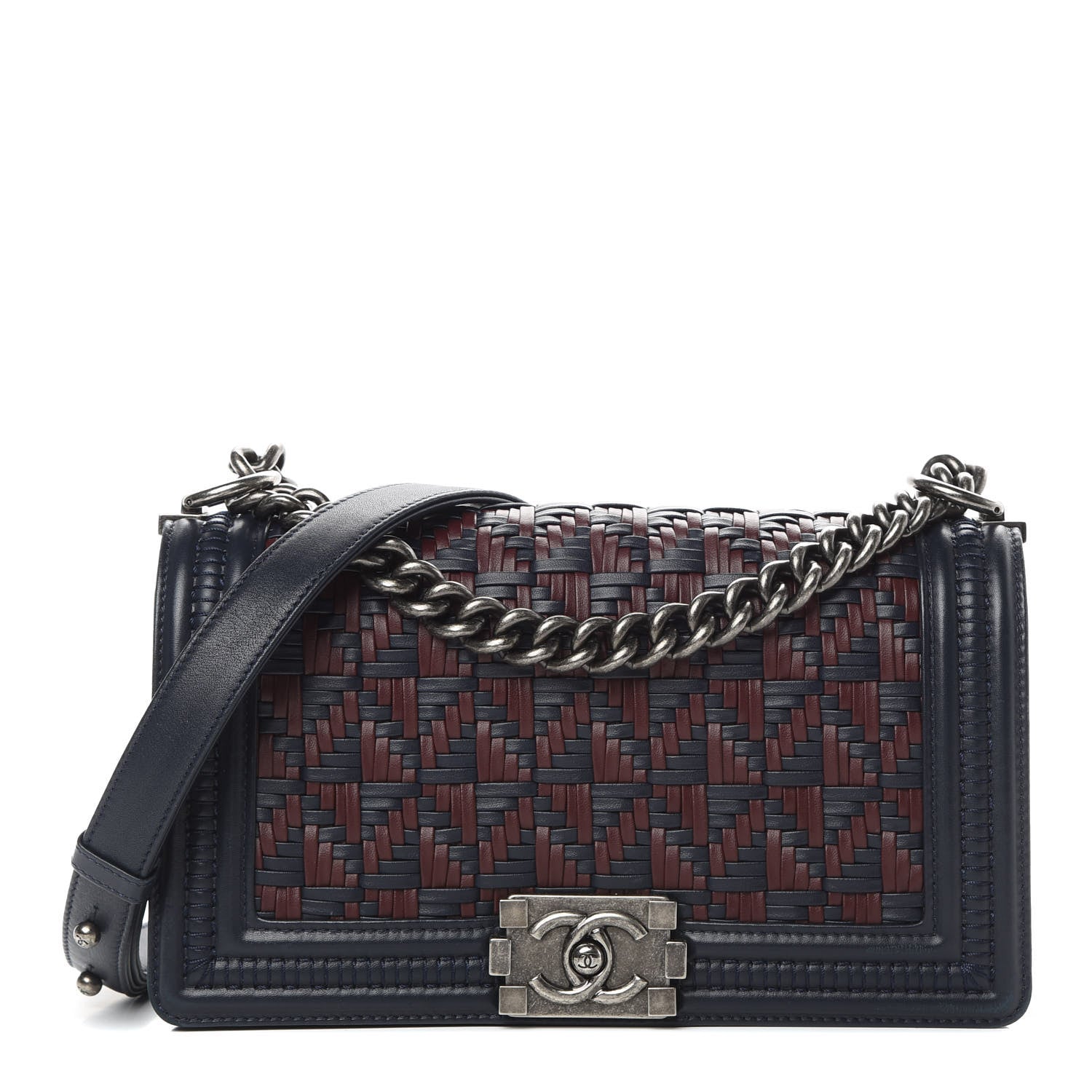 Chanel Calfskin Woven Medium Boy Flap Blue Burgundy 1 of 12