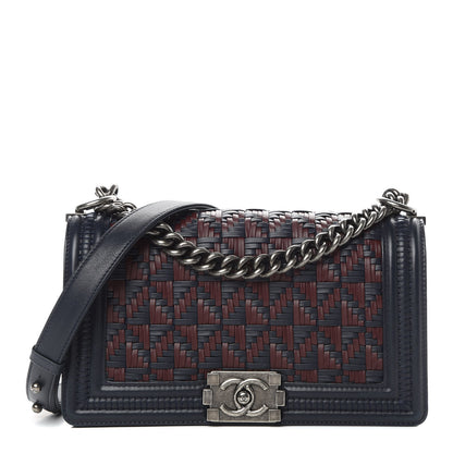 Chanel Calfskin Woven Medium Boy Flap Blue Burgundy 1 of 12