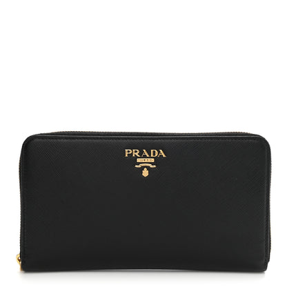 Prada Saffiano Metal Large Zip Around Travel Wallet Black 1 of 10