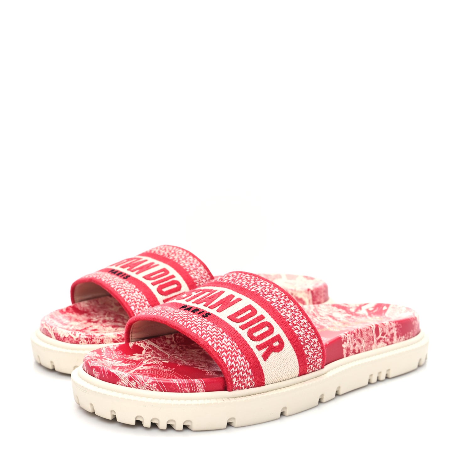 Canvas Toile de Jouy Embroidered Dway 10mm Slide Sandals 38.5 Off White Raspberry