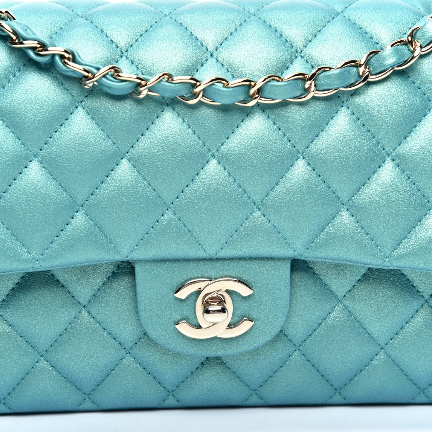 Iridescent Calfskin Quilted Medium Double Flap Green