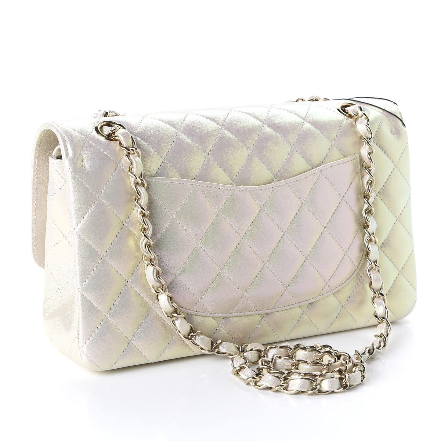 Iridescent Lambskin Quilted Medium Double Flap Ivory