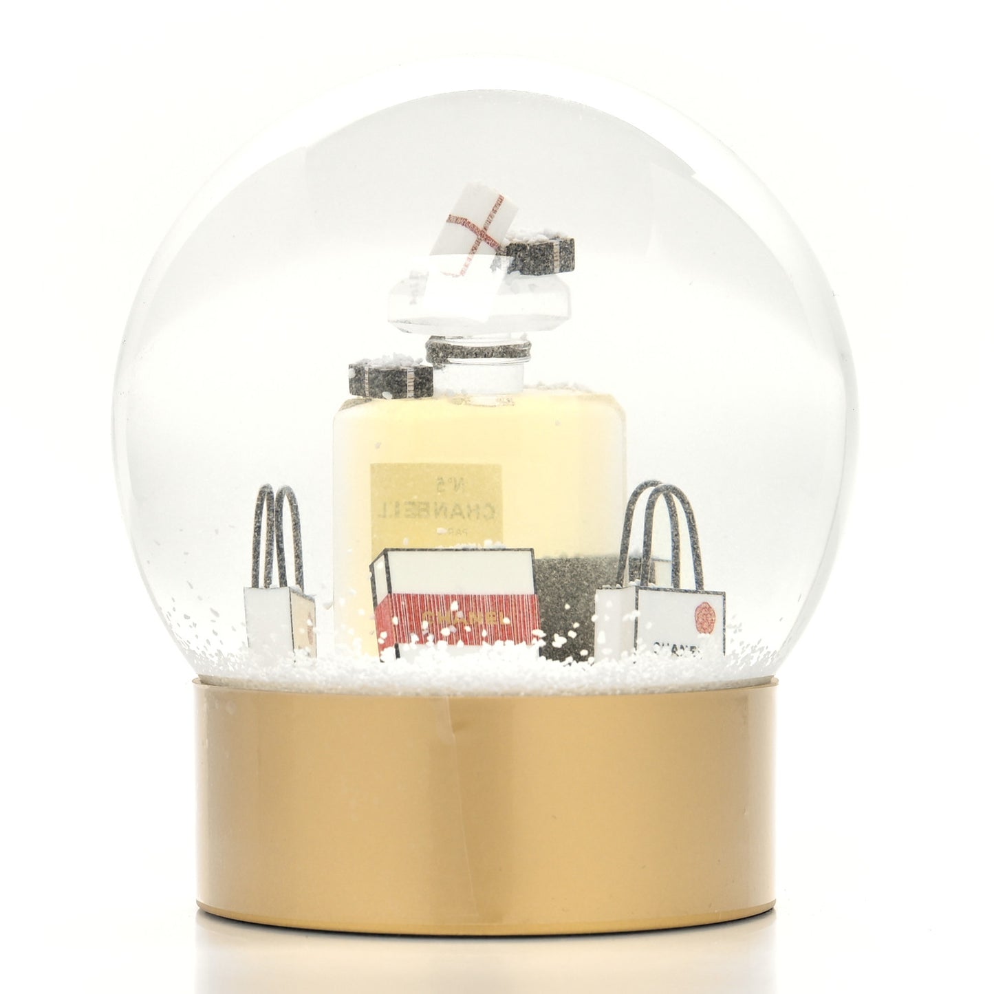 Glass N°5 Perfume Bottle Snow Globe Gold