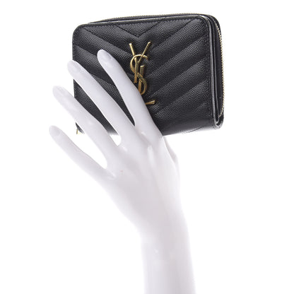 Saint Laurent Grain De Poudre Matelasse Chevron Monogram Compact Zip Around Wallet Black 2 of 8