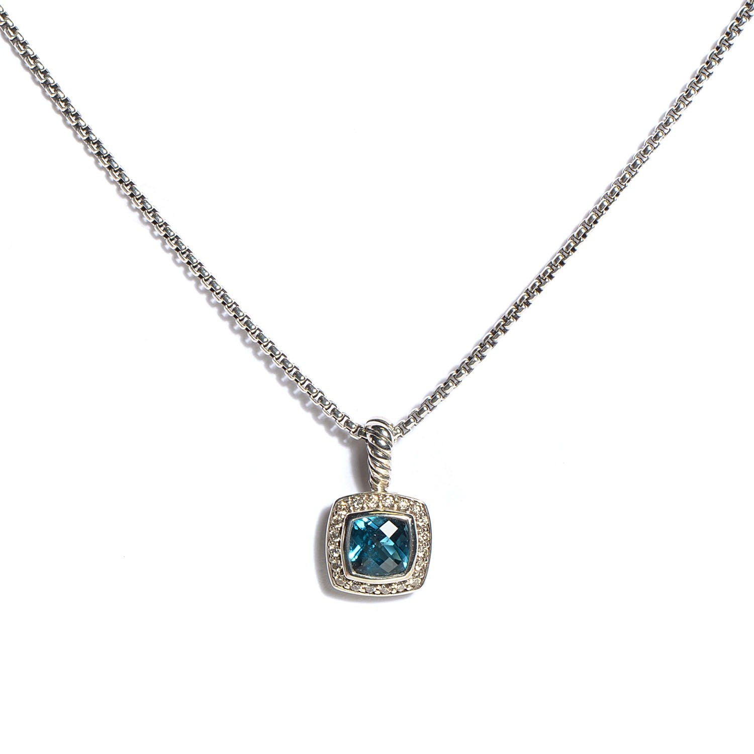 David Yurman Sterling Silver Diamond Blue Topaz 7mm Petite Albion Pendant Necklace 1 of 5