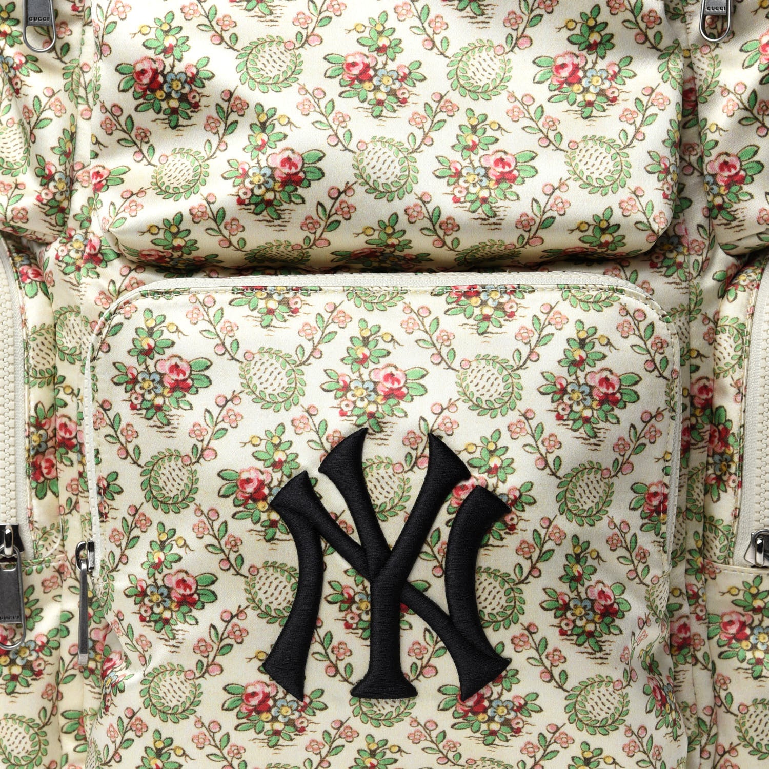 Gucci X MLB Satin Floral Print NY Yankees Patch Backpack Ivory Green 9 of 9