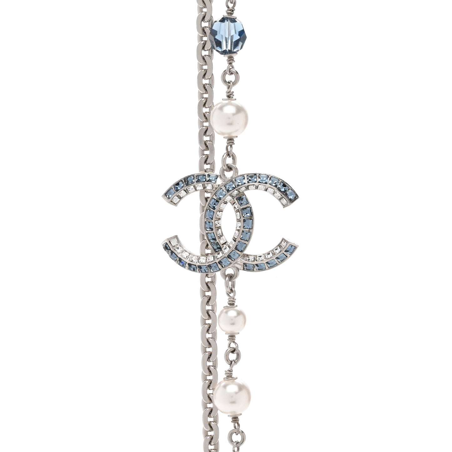 Pearl Crystal Bead CC Long Necklace Silver Blue