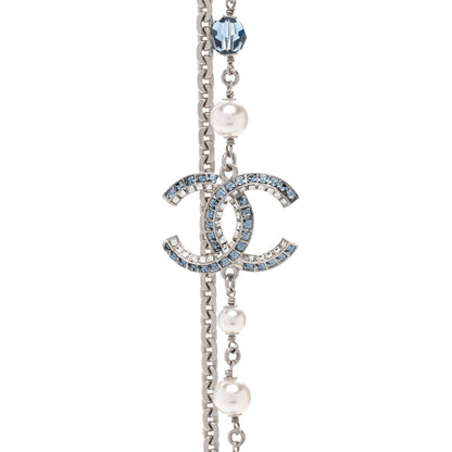 Chanel Pearl Crystal Bead CC Long Necklace Silver Blue 4 of 5