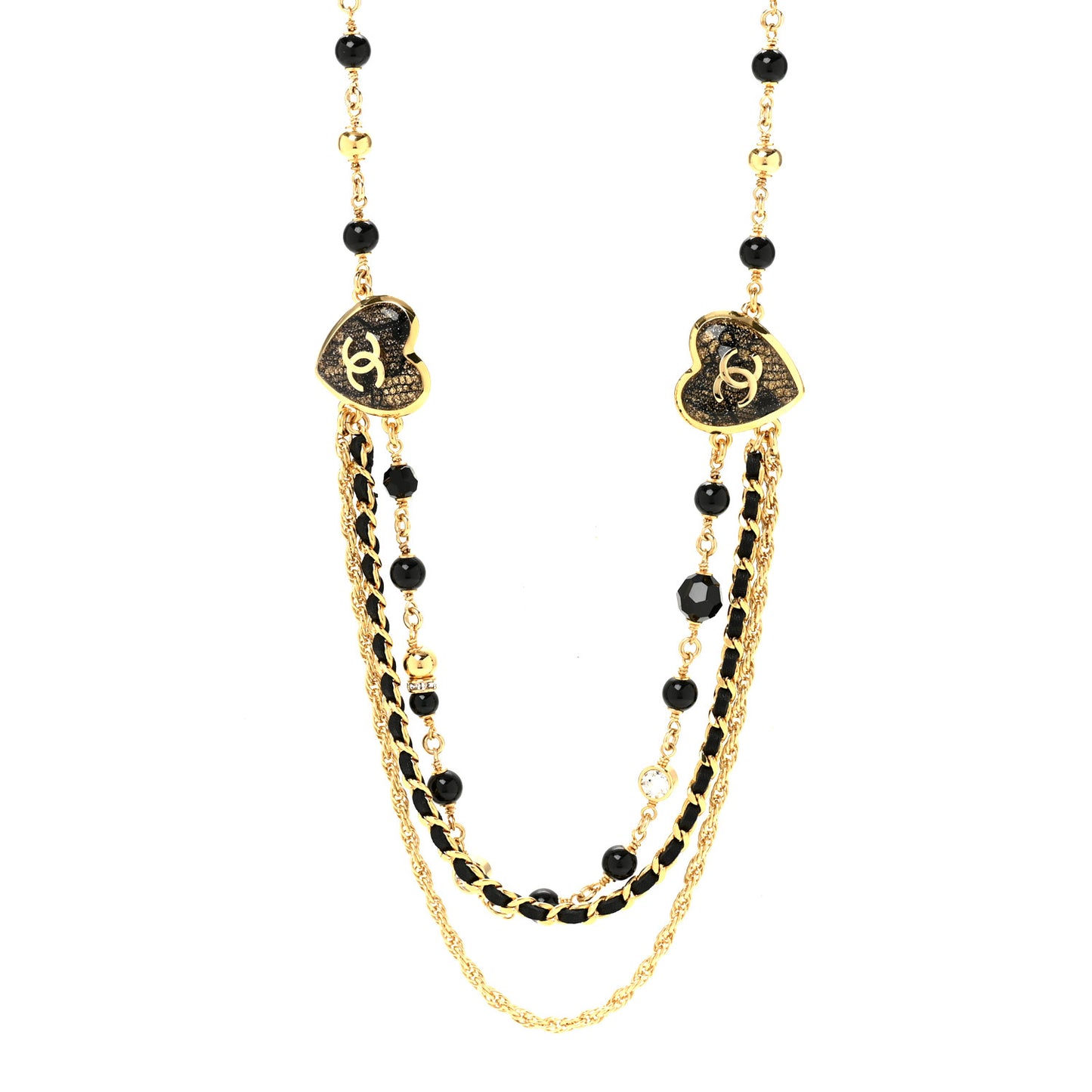 Crystal Beaded CC Heart Long Necklace Gold Black