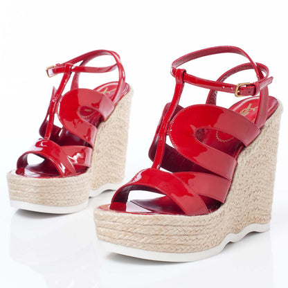 Saint Laurent Patent Saint Malo Platform Espadrille Wedge Sandals 38 NEW Red 2 of 10