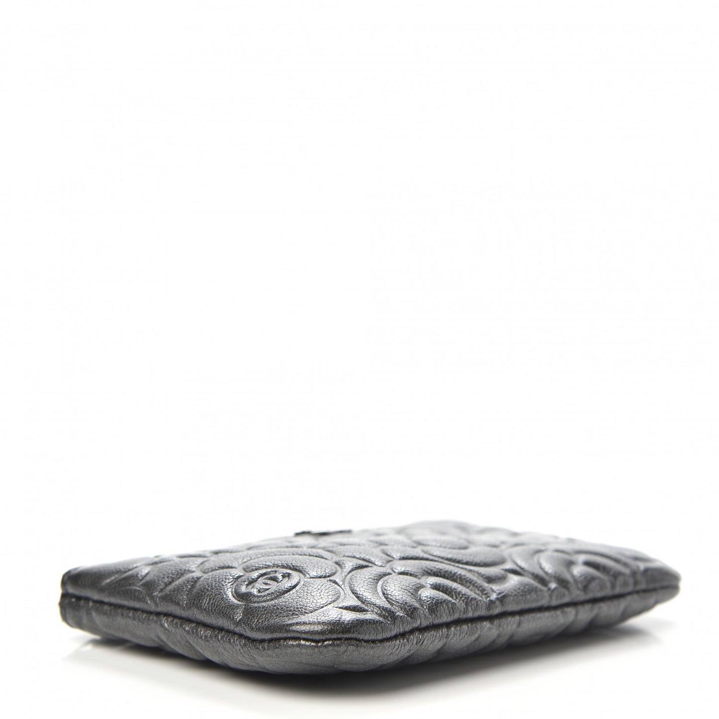 Goatskin Camellia Embossed Cosmetic Pouch Anthracite