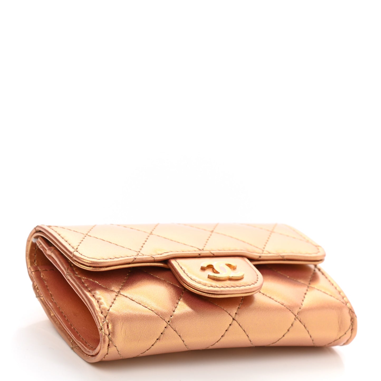 Metallic Lambskin Quilted Flap Card Holder Wallet Golden