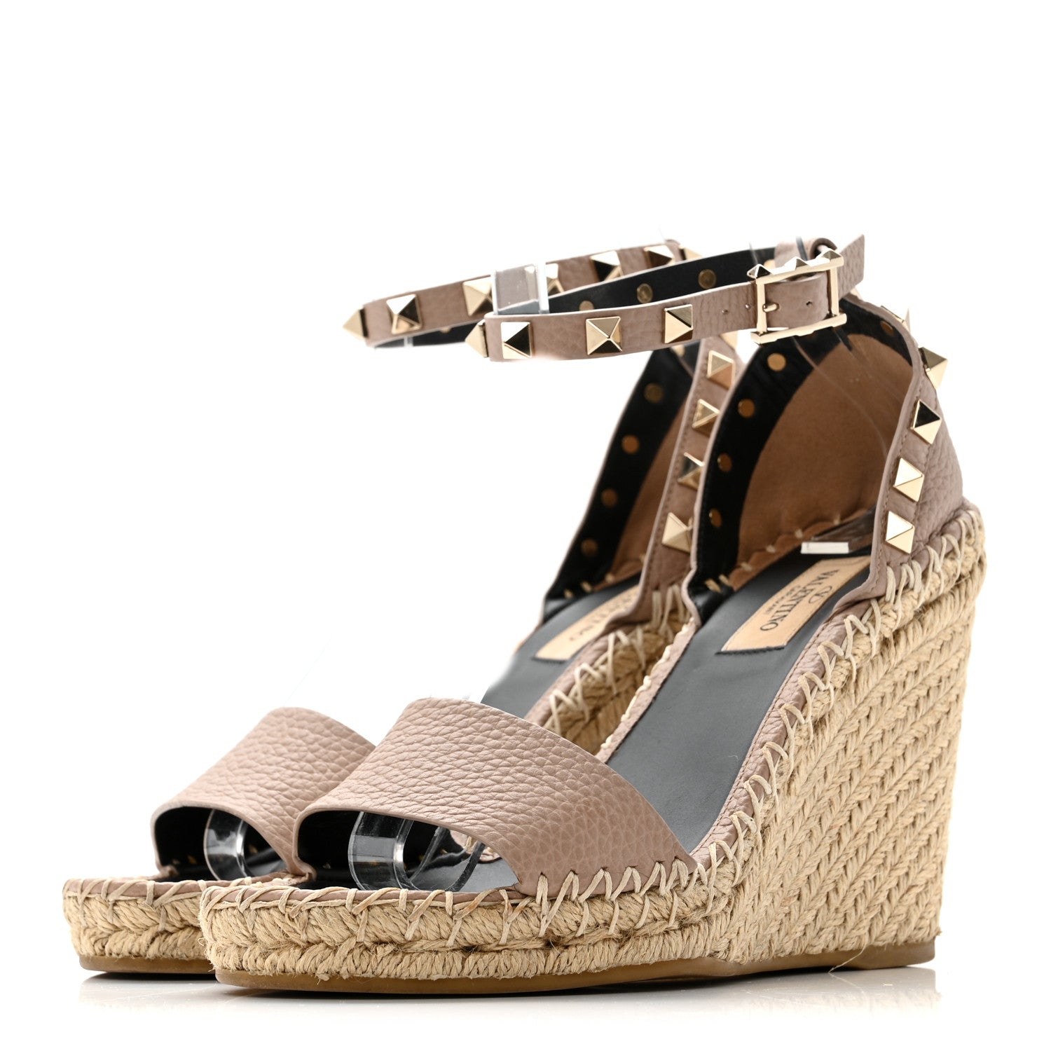 Valentino Garavani Grained Calfskin Rockstud Ankle Strap Espadrille 15/105mm Wedge Sandals 35 Rose Quartz Natural 4 of 13