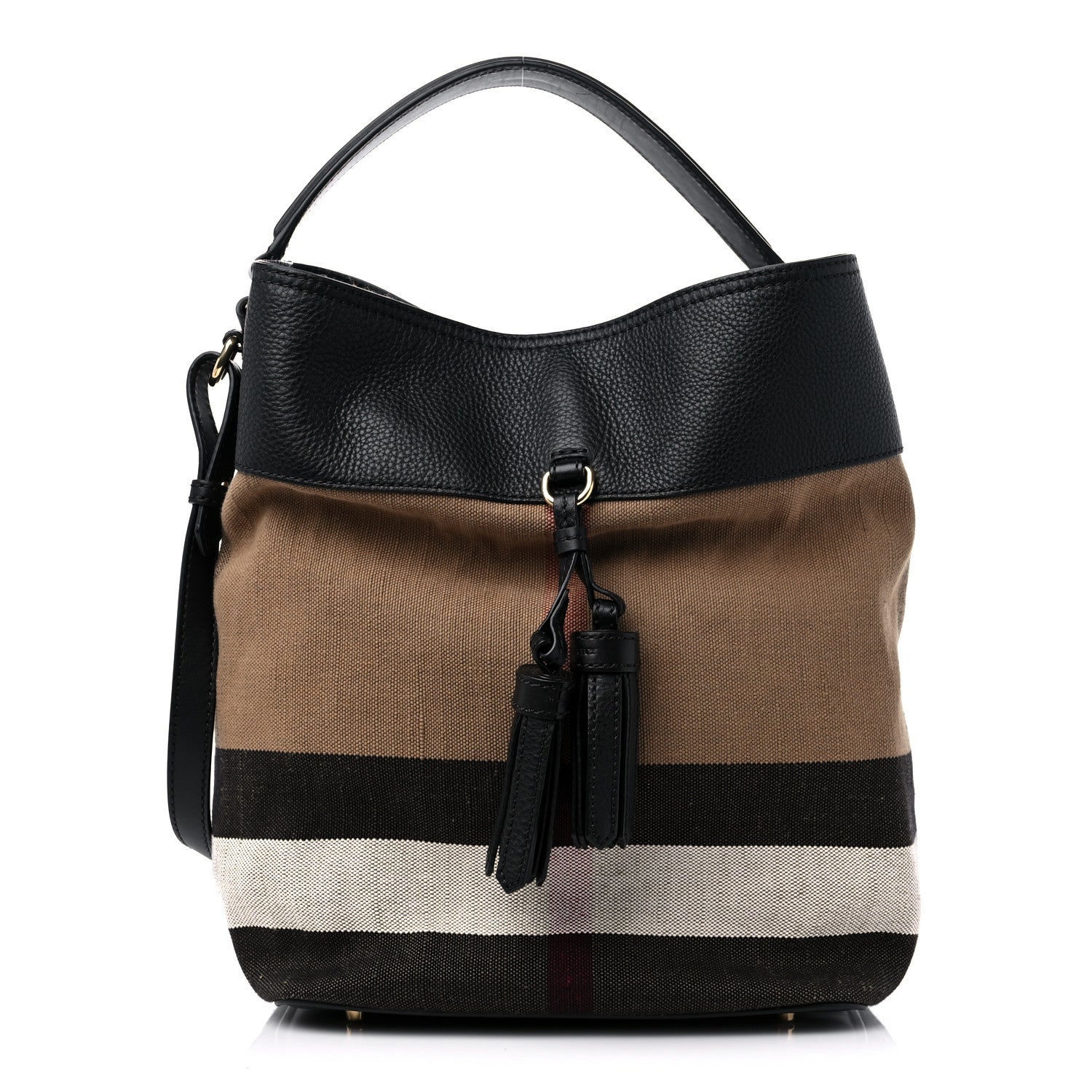 Burberry Grainy Calfskin Canvas Mega Check Medium Ashby Tassel Hobo Black 1 of 10