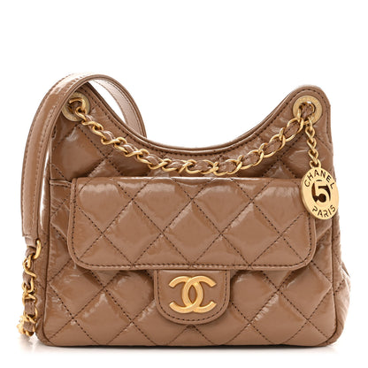 Chanel Shiny Crumpled Calfskin Quilted Small Wavy CC Hobo Dark Beige 1 of 10