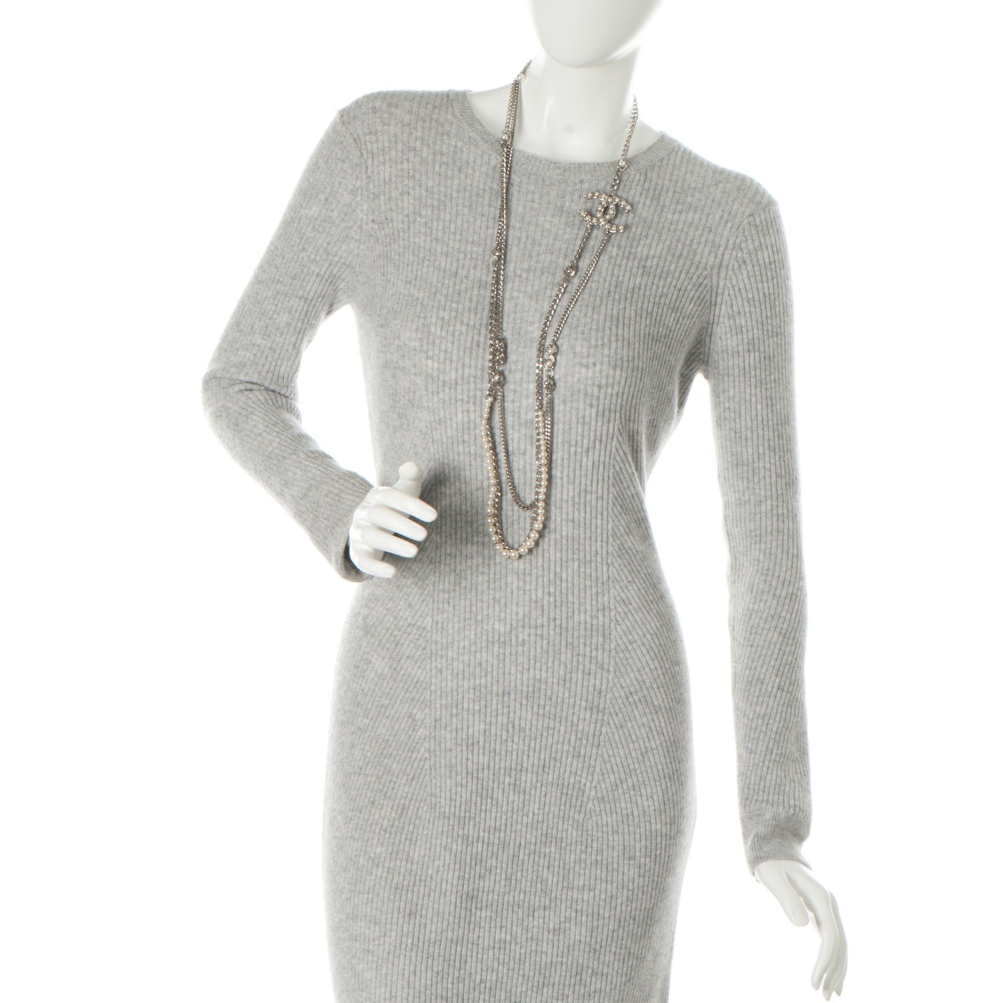 Pearl CC Long Chain Necklace Silver