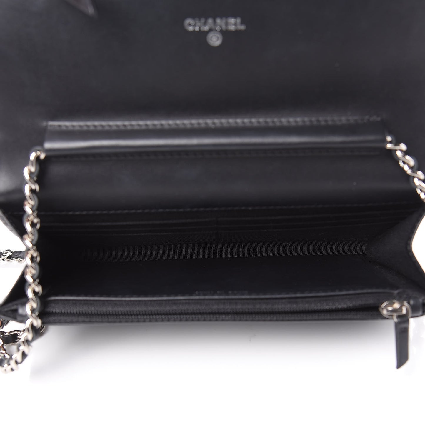 Patent Calfskin Chevron Quilted Wallet On Chain WOC Black