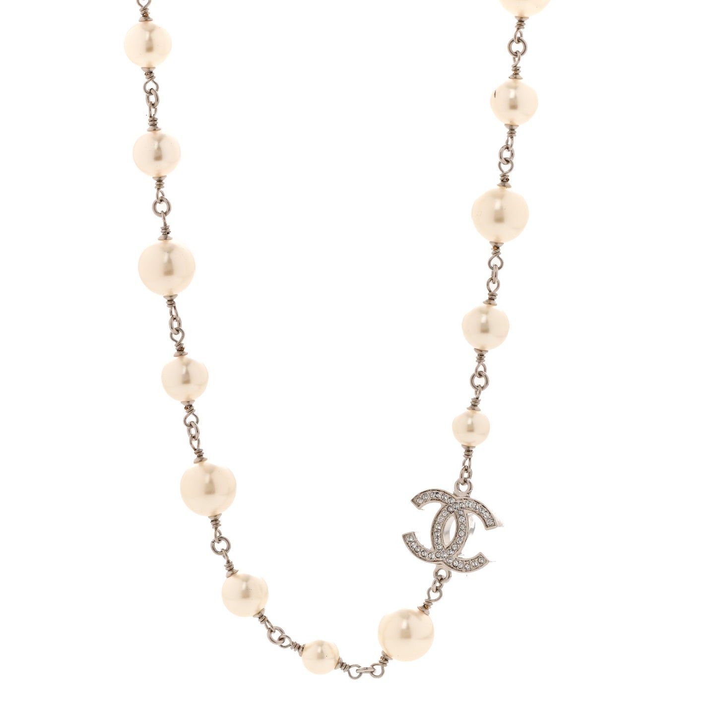 Graduated Pearl Crystal CC Long Necklace Silver