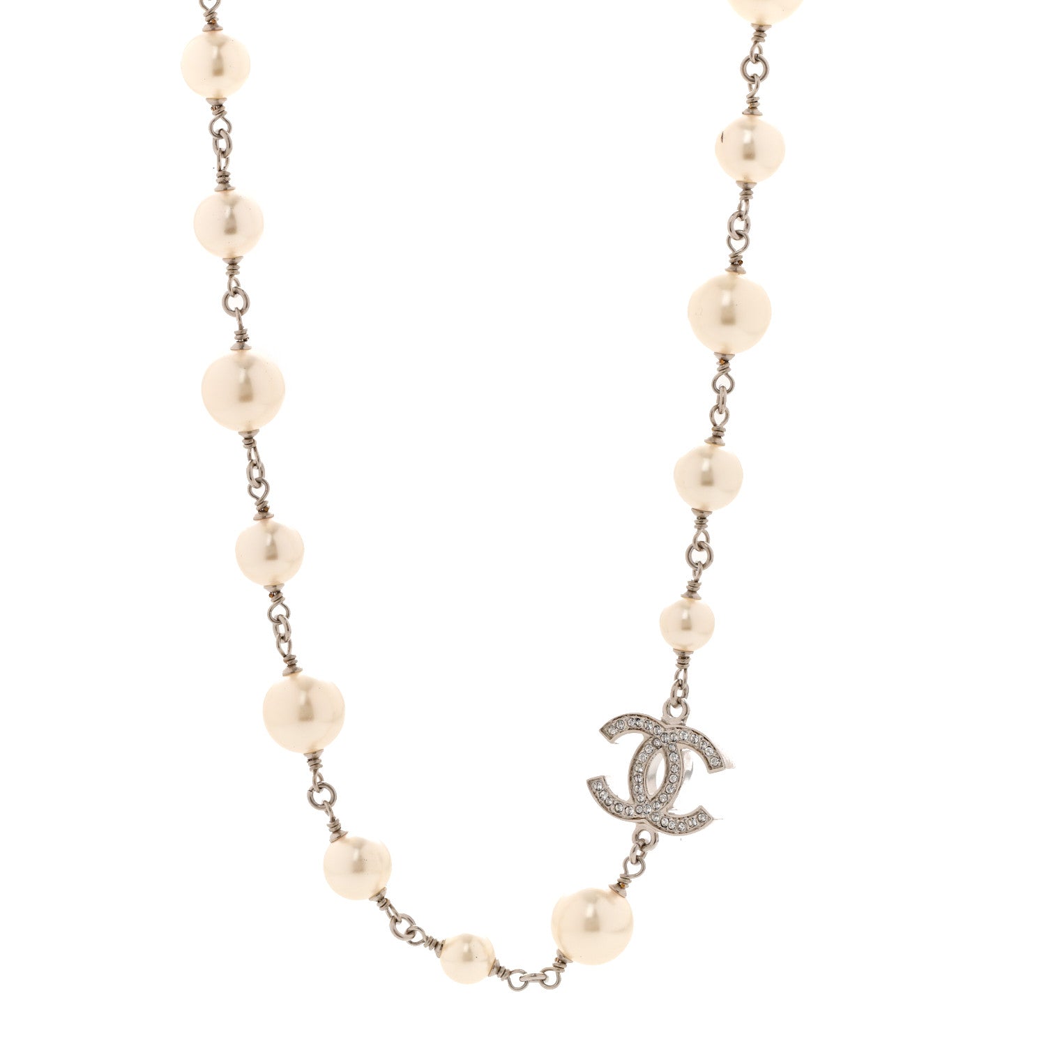 Chanel Graduated Pearl Crystal CC Long Necklace Silver 1 of 6