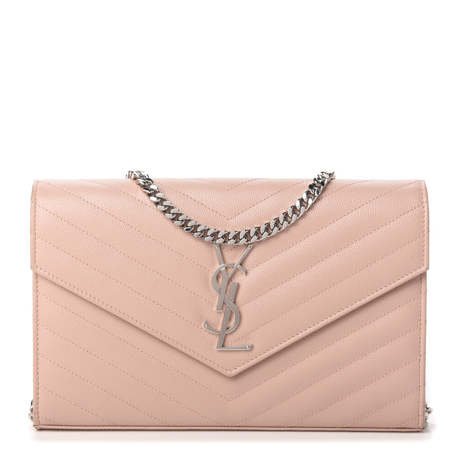 Saint Laurent Grain De Poudre Matelasse Chevron Monogram Chain Wallet Pale Pink 1 of 10