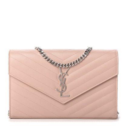 Saint Laurent Grain De Poudre Matelasse Chevron Monogram Chain Wallet Pale Pink 1 of 10