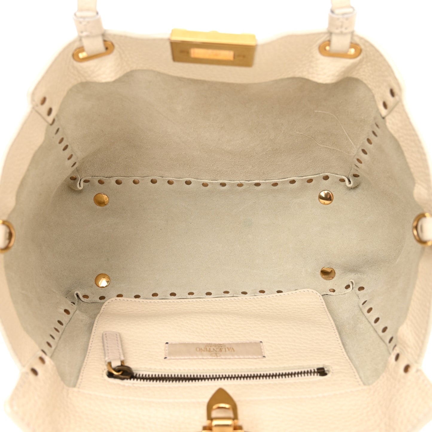 Grained Calfskin Turquoise Small Rockstud Rolling Tote Light Ivory