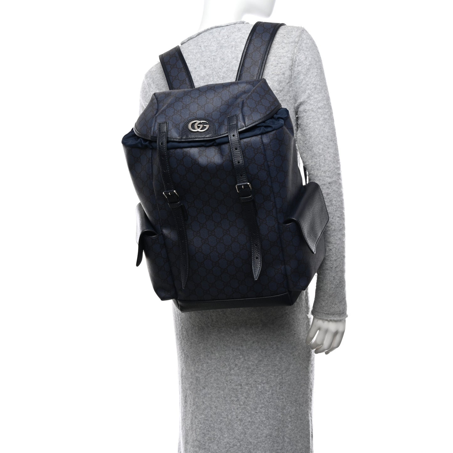 GG Supreme Monogram Textured Dollar Calfskin Medium Double Buckle Backpack Blue Dark Blue Black