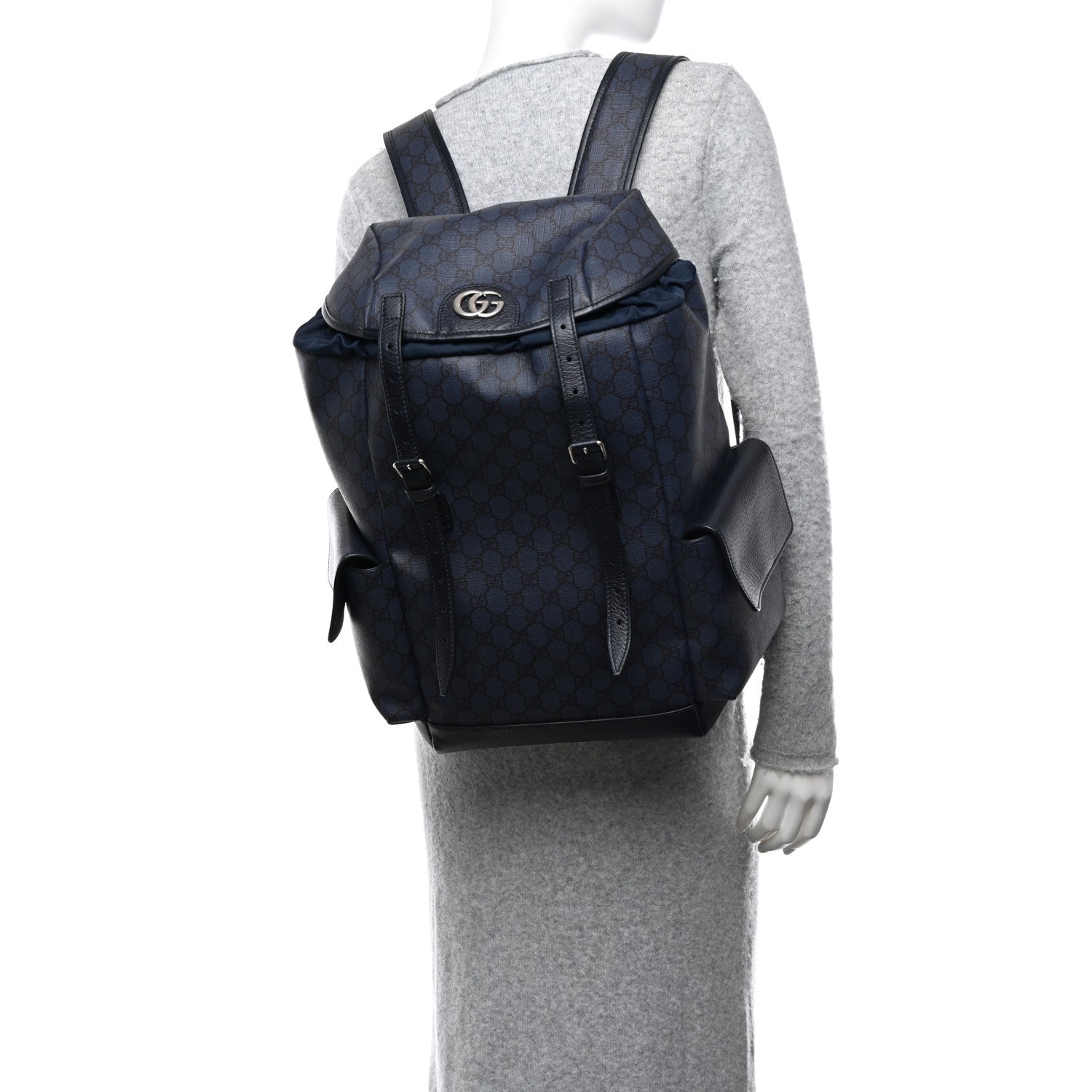 Gucci GG Supreme Monogram Textured Dollar Calfskin Medium Double Buckle Backpack Blue Dark Blue Black 2 of 10