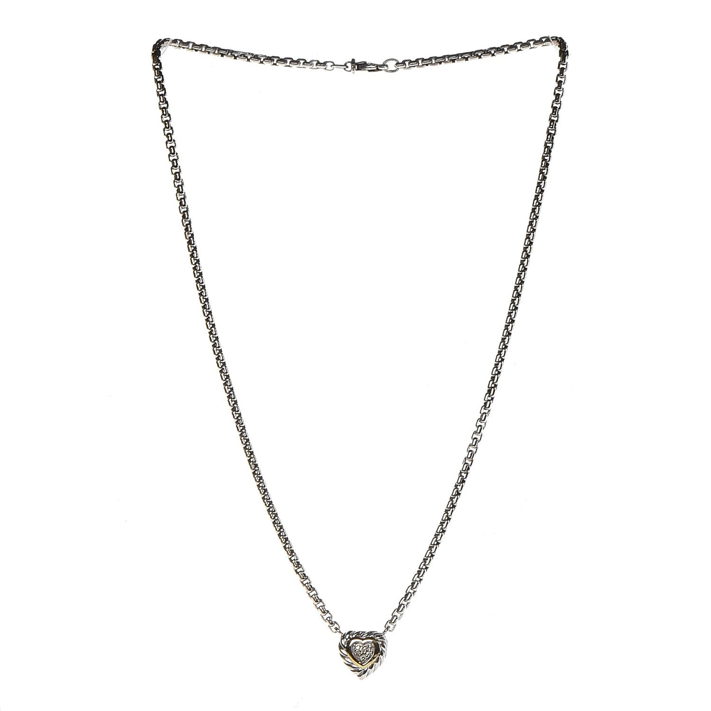 Sterling Silver 18K Yellow Gold Diamond Pave Cable Heart Pendant Necklace