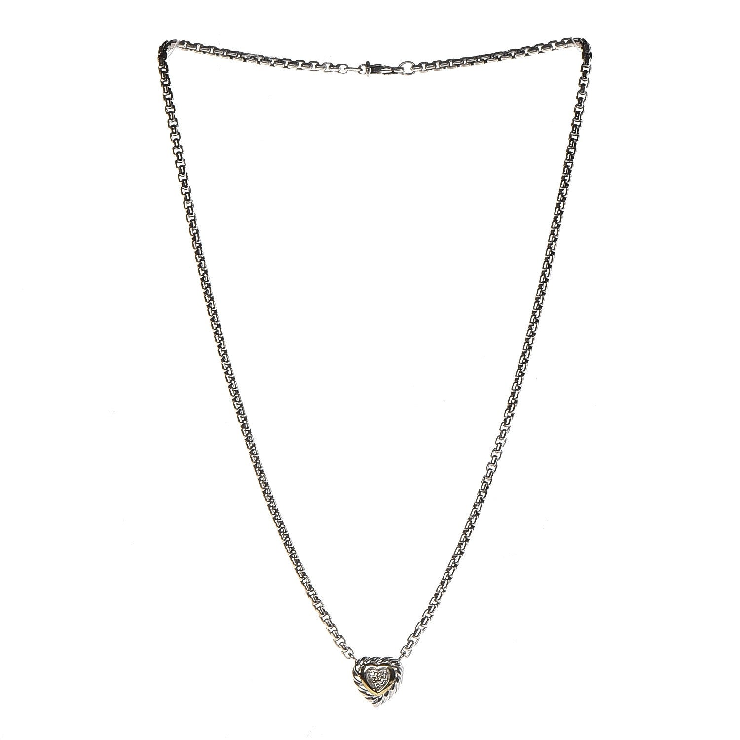 David Yurman Sterling Silver 18K Yellow Gold Diamond Pave Cable Heart Pendant Necklace 3 of 4