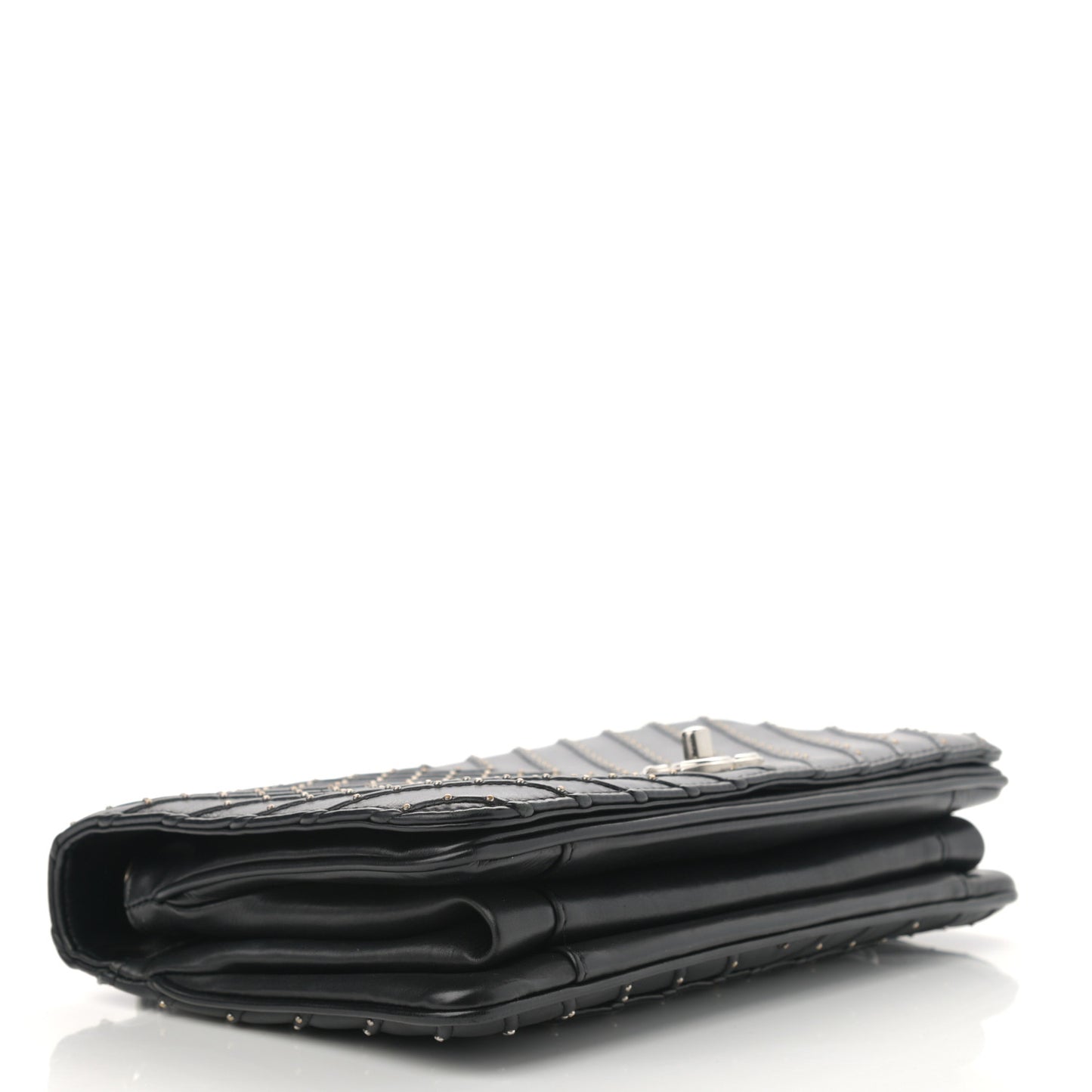 Calfskin Studded Chevron Quilted Flap Black