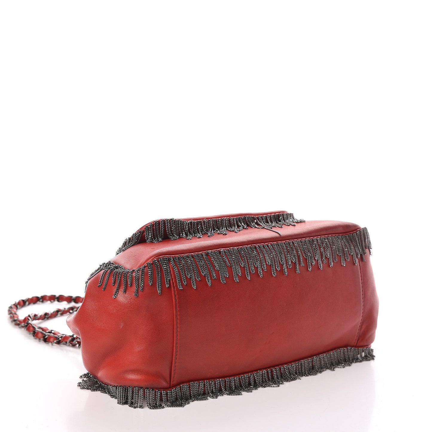 Lambskin Rock And Cabaret Chain Fringe Accordion Flap Red